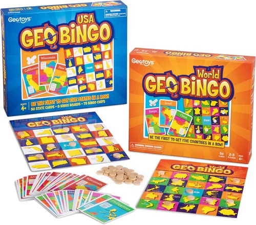 GeoToys GeoBingo Set, World & USA Bingo para niños de 4 años en adelante, juego de geografía para el hogar y la escuela, divertido juego educativo