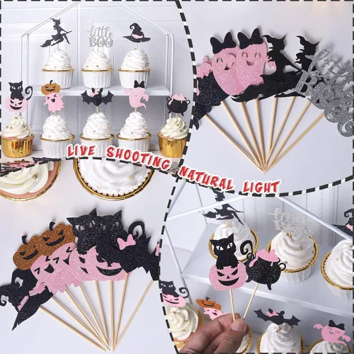 Miniatura 7 de Paquete de 24 adornos para cupcakes de Halloween con purpurina rosa, fantasma, pequeño abucheo, murciélago, bruja, gato, calabaza, magdalena