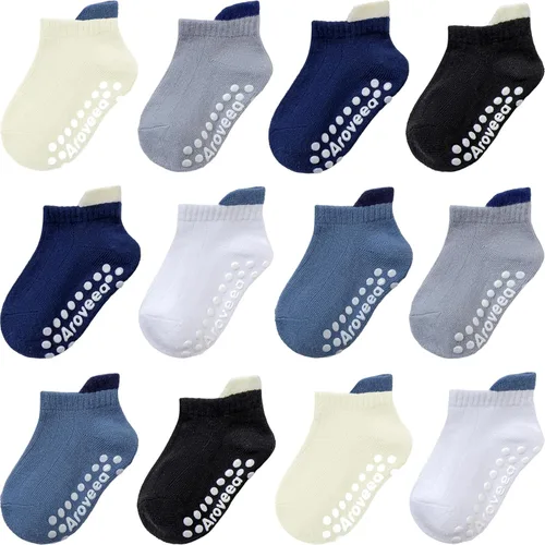 Miniatura 44 de Calcetines antideslizantes con agarre para tobillos, paquete de 12 unidades para niños pequeños, niños y niñas, lindos calcetines de algodón