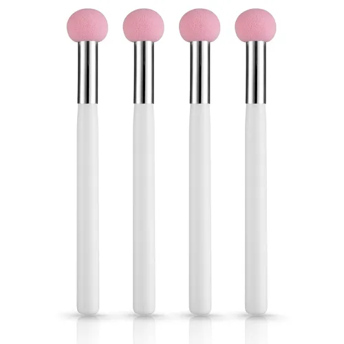 Miniatura 8 de Sibba Juego de 4 brochas de base de maquillaje con mango rosa y blanco para polvo, rubor, contorno y corrector, incluye esponja, pinceles de mezcla