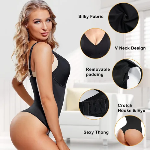 Miniatura 3 de REDPAI Body moldeador de tanga con brasier integrado para mujer, control de abdomen, moldeador de cuerpo completo, cuello en V, faja colombiana