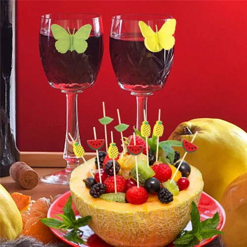 Miniatura 6 de Minisland Palillos de cóctel de hojas de piña de sandía mixtos, palillos de bambú de 4.7 pulgadas de largo para aperitivos, comida hawaiana