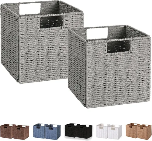 Miniatura 19 de VAGUSICC - Canastas de almacenamiento tejidas a mano, juego de 2, con asas, plegables, tipo cubo, de 13 pulgadas, grandes, de mimbre, para estantes