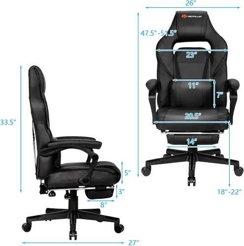 Miniatura 3 de Goplus Silla de masaje para juegos, respaldo reclinable, ajuste de altura del asiento, silla de oficina para computadora de carreras con reposapiés