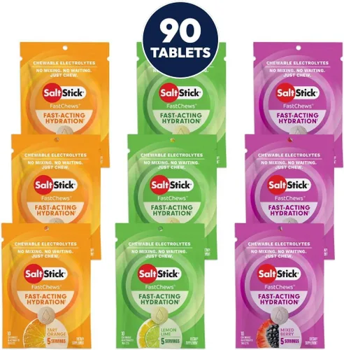 SaltStick Electrolyte FastChews - Paquete de variedad de 90 unidades, los más vendidos - Tabletas masticables de electrolitos para hidratación,