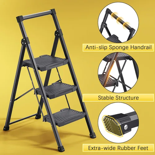 Miniatura 3 de KINGRACK Escalera plegable de 3 escalones, escalera de 3 peldaños de 900 libras con pedal ancho antideslizante y pasamanos, escalera ligera