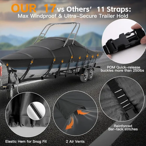 Miniatura 3 de Funda para Barco de Torre de Esquí y Wakeboard 900D Teñida en Solución 100% Impermeable con 11+6 Correas Resistentes al Viento para Cascos en V Negro