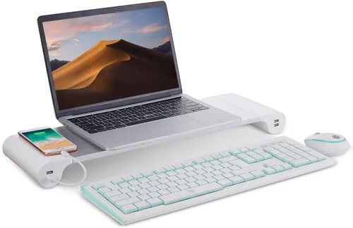 Miniatura 5 de PG - Soporte elevador de monitor plateado con puertos de carga USB de 4 puertos, práctico organizador de teclado, organizador de escritorio
