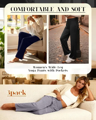 Miniatura 89 de Neer - Conjunto de 3 pantalones de yoga de pierna ancha para mujer - Pantalones deportivos cómodos, holgados, de cintura alta y casuales