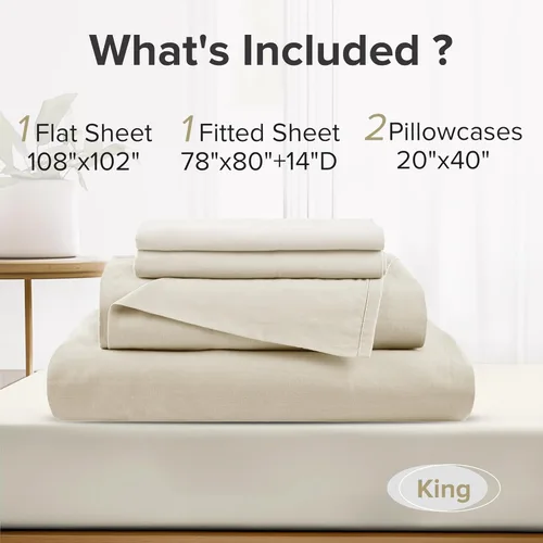 Miniatura 7 de Comfort Spaces Sábanas 100% algodón tamaño King, transpirables y ultra suaves, sábanas de algodón naturalmente fresco con bolsillo elástico de 14