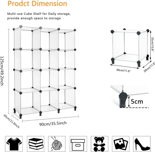Miniatura 3 de AWTATOS Organizador de almacenamiento de cubos, almacenamiento de 12 cubos, estantería de bricolaje de plástico para armario, con mazo de madera