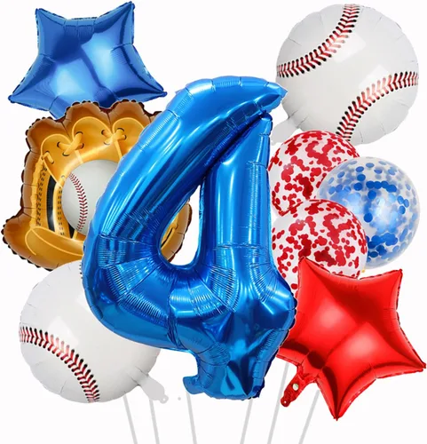 Miniatura 19 de Globos de béisbol de papel de aluminio para decoración de cumpleaños, globos con el número 7, globos de confeti de estrella roja y azul para Béisbol