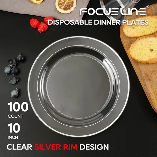 Miniatura 2 de FOCUSLINE 100 platos de plástico plateado transparente de 10 pulgadas, platos transparentes desechables con borde plateado, plato de plástico duro