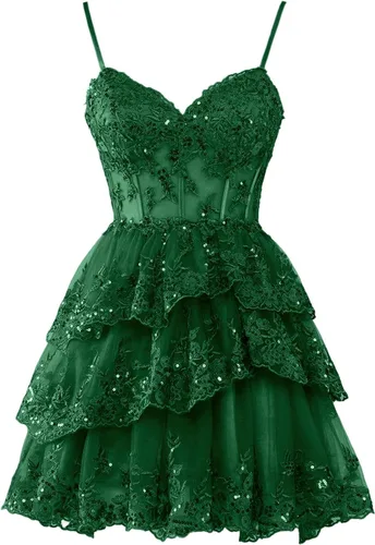 Sevintage Spaghetti Straps Tulle Tiered Homecoming Dress 2024 Short Sparkly Lace Corset Layered Formal Party Gowns
