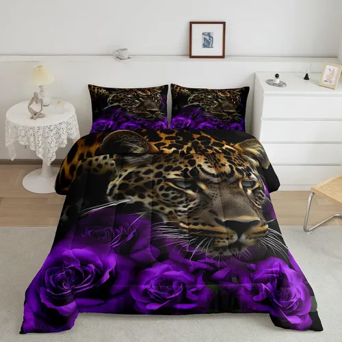 Miniatura 19 de Erosebridal Juego de ropa de cama de guepardo con rosa azul, juego de edredón con estampado de leopardo y gato, edredón romántico de plumón