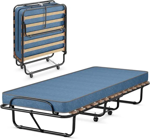 Miniatura 11 de HAPPYGRILL Cama enrollable, cama plegable con colchón de espuma viscoelástica de 5 pulgadas, marco de acero resistente, 4 ruedas universales, cama