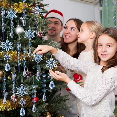 Miniatura 4 de 18 piezas de adornos de Navidad de cristal para decoraciones de árbol de Navidad - Adornos azules colgantes de copo de nieve y carámbano de acrílico