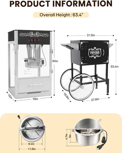 Miniatura 2 de Máquina comercial de palomitas de maíz con carro, auténtica máquina para hacer palomitas de maíz de 16 onzas con plataforma de calentamiento, Negro