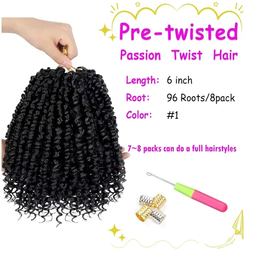 Miniatura 3 de Bileaf Paquete de 8 de cabello de ganchillo trenzado de pasión de 6 pulgadas para mujeres, pelo corto de ganchillo trenzado de pasión pretrenzado