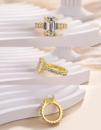Miniatura 3 de Anillo de compromiso de 3 piedras de corte radiante de 5 quilates para mujer, anillo de diamantes de imitación, anillo de promesa de plata esterlina