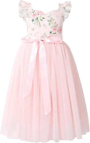 Flofallzique Vestido de tul para niñas, floral de verano, para bodas, cumpleaños, Pascua, casual, para fiestas de té, para niños pequeños