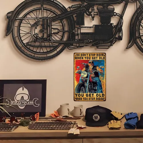 Miniatura 5 de Letrero de metal para motocicleta con texto en inglés "You Don't Stop Riding When You Get Old", regalos vintage para hombres, arte de pared retro