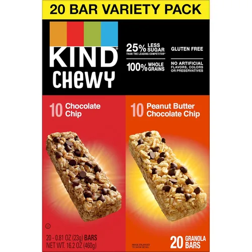 Miniatura 4 de Barritas de granola masticables KIND, paquete de variedad, chocolate chip y mantequilla de maní con chispas de chocolate, sin gluten, 100 calorías