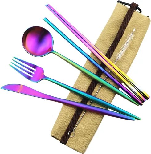 Miniatura 13 de Utensilios de viaje reutilizables, 7 piezas portátiles de acero inoxidable 304, incluyendo cuchillo, tenedor, cuchara, palillos, cepillo