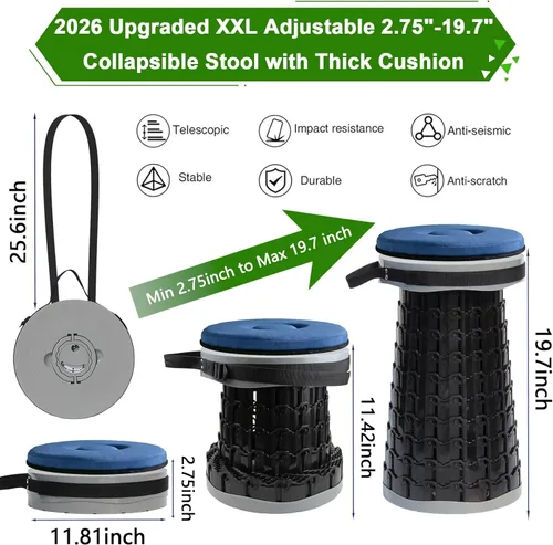 Miniatura 2 de Taburete plegable XXL mejorado 2026 con cojín grueso, taburete plegable telescópico de 19.7 pulgadas de altura a 11.8 pulgadas de profundidad
