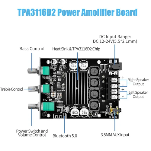 Miniatura 4 de ZK-1002T Placa de amplificador Bluetooth de 100 W+100 W con control de agudos y graves, placa de amplificador de audio estéreo mini de 2.0 canales
