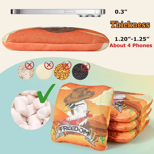 Miniatura 3 de EunHo Cornhole Bags Regulation Dual Sided Set of 8, Professional Cornhole Bean Bags Slick & Sticky Side Bags with Carry Bag Vaca/Águila