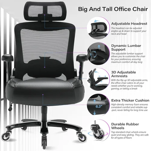 Miniatura 4 de Silla de oficina grande y alta, 600 libras con brazos abatibles 3D, reposacabezas ajustables, ruedas grandes resistentes, silla de escritorio Brazo