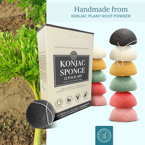 Miniatura 7 de Bare Essentials Living - Juego de esponjas Konjac (paquete de 12) con esponja facial de carbón de bambú activado, natural, ideal para tratamientos