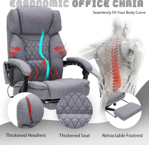 Miniatura 5 de Silla de Oficina de Masaje con Calor, Silla de Oficina Reclinable con Reposapiés, Sillas de Escritorio para el Hogar con Vibración de 6 Puntos