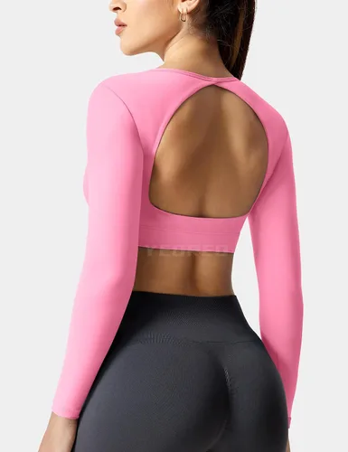 Miniatura 5 de YEOREO Top corto de entrenamiento definitivo para mujer, manga larga, espalda abierta, brasier acolchado, espalda descubierta, yoga, gimnasio, tops
