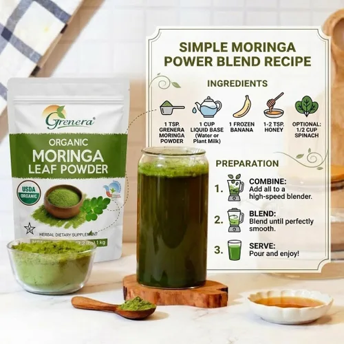 Miniatura 3 de Grenera Moringa en polvo orgánico Hoja de Moringa Oleifera Ingrediente a base de plantas Probado en laboratorio para calidad Mezcla fácil