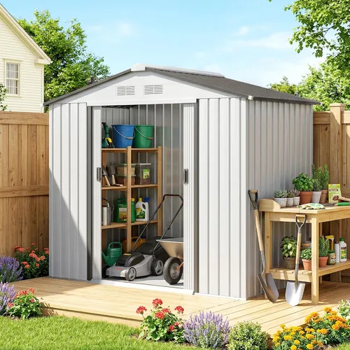 Miniatura 21 de Outsunny Cobertizo de almacenamiento exterior de 11' x 13', cobertizo de metal para herramientas de jardín con kit de cimentación, puerta con doble