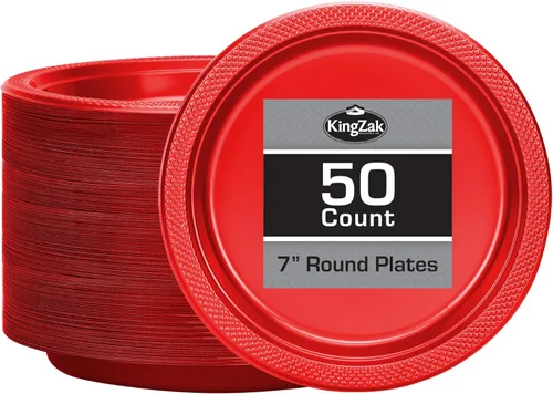 Miniatura 20 de Platos de plástico rojos de la colección Hanna K. Signature, redondos de 9 pulgadas, 50 unidades – Platos desechables resistentes para cenas