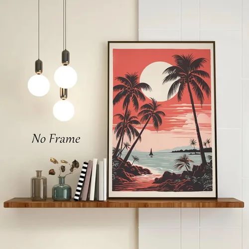 Miniatura 4 de Arte de pared vintage de paisaje marino retro, póster de playa con imagen de palmera, lienzo de árbol tropical, arte de pared, arte de océano