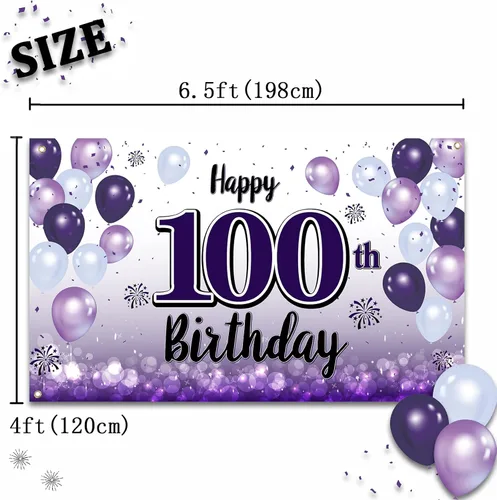 Miniatura 2 de Decoraciones de feliz cumpleaños número 100, cartel de fondo grande de globos morados de 100 años, suministros para fiesta de cumpleaños de 100 años.