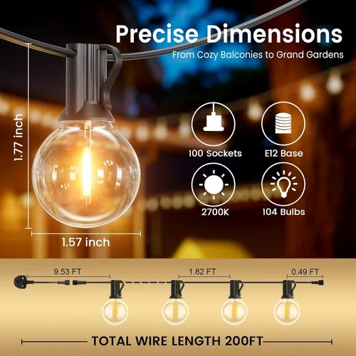 Miniatura 6 de Cadena de luces para exteriores de 150 pies, luces de tira G40 con 75+3 bombillas para exteriores - 2700K Blanco cálido, vida útil de 25000 horas