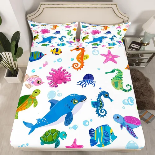 Miniatura 2 de Erosebridal Juego de sábanas de pez oceánico, juego de sábanas tamaño individual de tortuga marina para niños y niñas, sábanas de pulpo, delfín