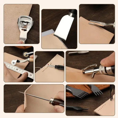 Miniatura 6 de BUTUZE Kit de herramientas de cuero, prácticas herramientas de trabajo de cuero con biselador, ranurador, punzón de costura y agujas - Viene