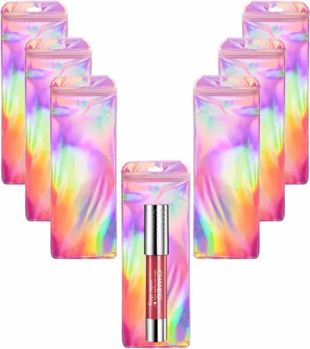 Paquete de 100 bolsas de embalaje holográficas para brillo de labios para pequeñas empresas, 2.16 x 5.9 pulgadas, color rosa, pequeñas bolsas