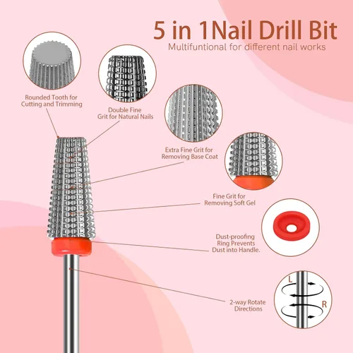 Miniatura 2 de SQULIGT Broca para uñas de tungsteno, 5 en 1 de carburo cónico, vástago de 3/32 pulgadas, uso de rotación bidireccional, para uñas, eliminación