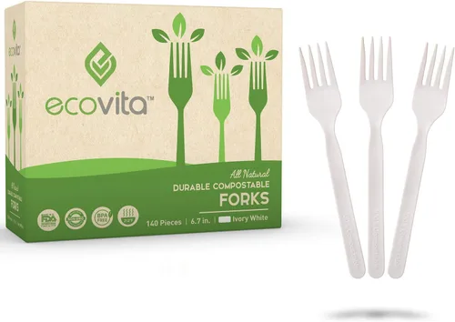 Tenedores 100% compostables - 140 tenedores grandes desechables (17.8 cm) Ecológicos, duraderos y resistentes al calor, alternativa a los tenedores