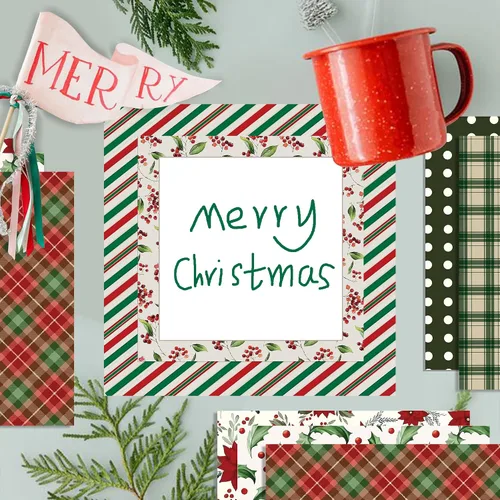 Miniatura 6 de 24 hojas de papel de álbum de recortes con patrón navideño, 12 x 12 pulgadas, doble cara, rojo y verde, texturizado, floral, papel plegable