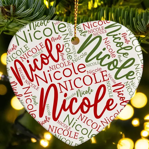 Adornos de Navidad personalizados de corazón, adorno de cerámica con palabra de nube de nombre, 3 pulgadas, decoraciones personalizadas para árbol
