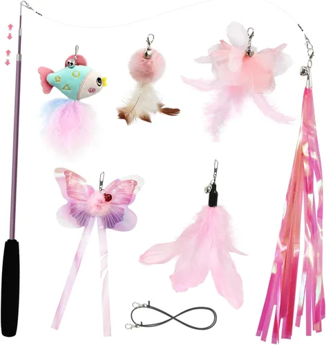 Miniatura 9 de SONGWAY Juguetes de varita para gatos de interior, juego de juguetes para gatos con varita retráctil y 6 recambios de juguetes de plumas, juguetes