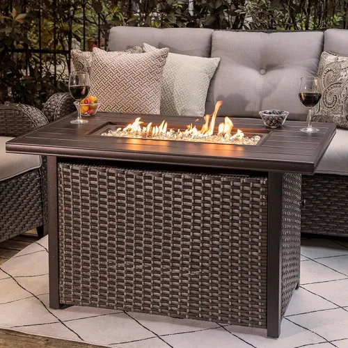 Miniatura 10 de Nuu Garden Mesa para fogata de propano para patio de 43 pulgadas, fogata de gas de 50,000 BTU con parte superior de vidrio texturizado de mármol